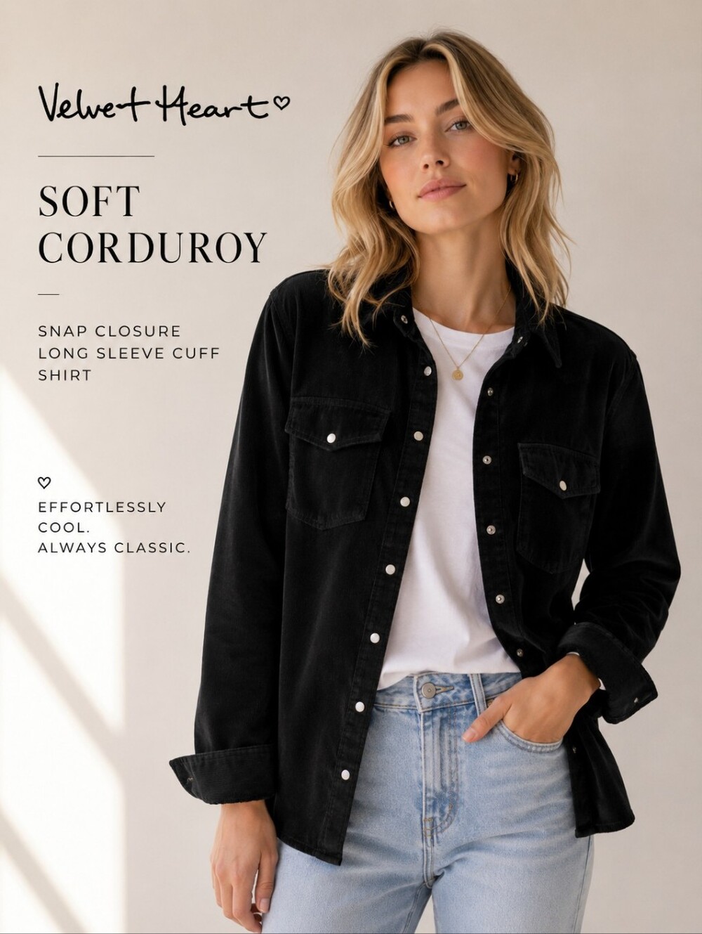 Velvet Heart Los Angeles Soft Corduroy Snap-Front Shirt/Jacket  Blk Sz M